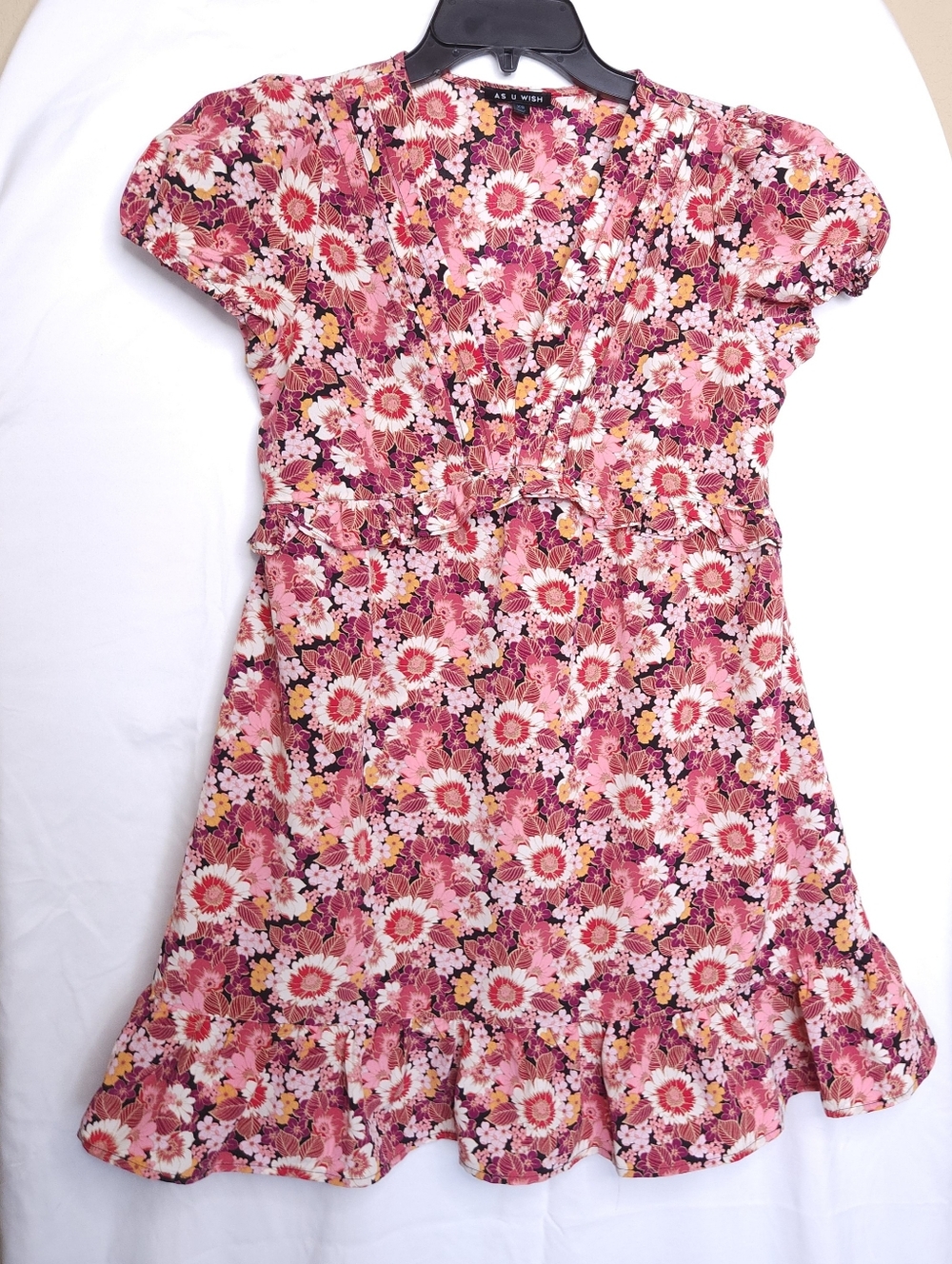 As U Wish Pink Floral V-Neck Casual Dress